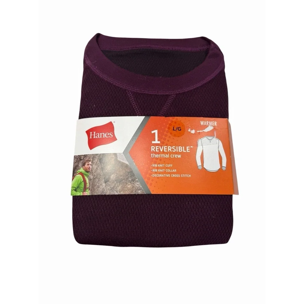 hanes mens purple long sleeve reversible thermal crew shirt size large